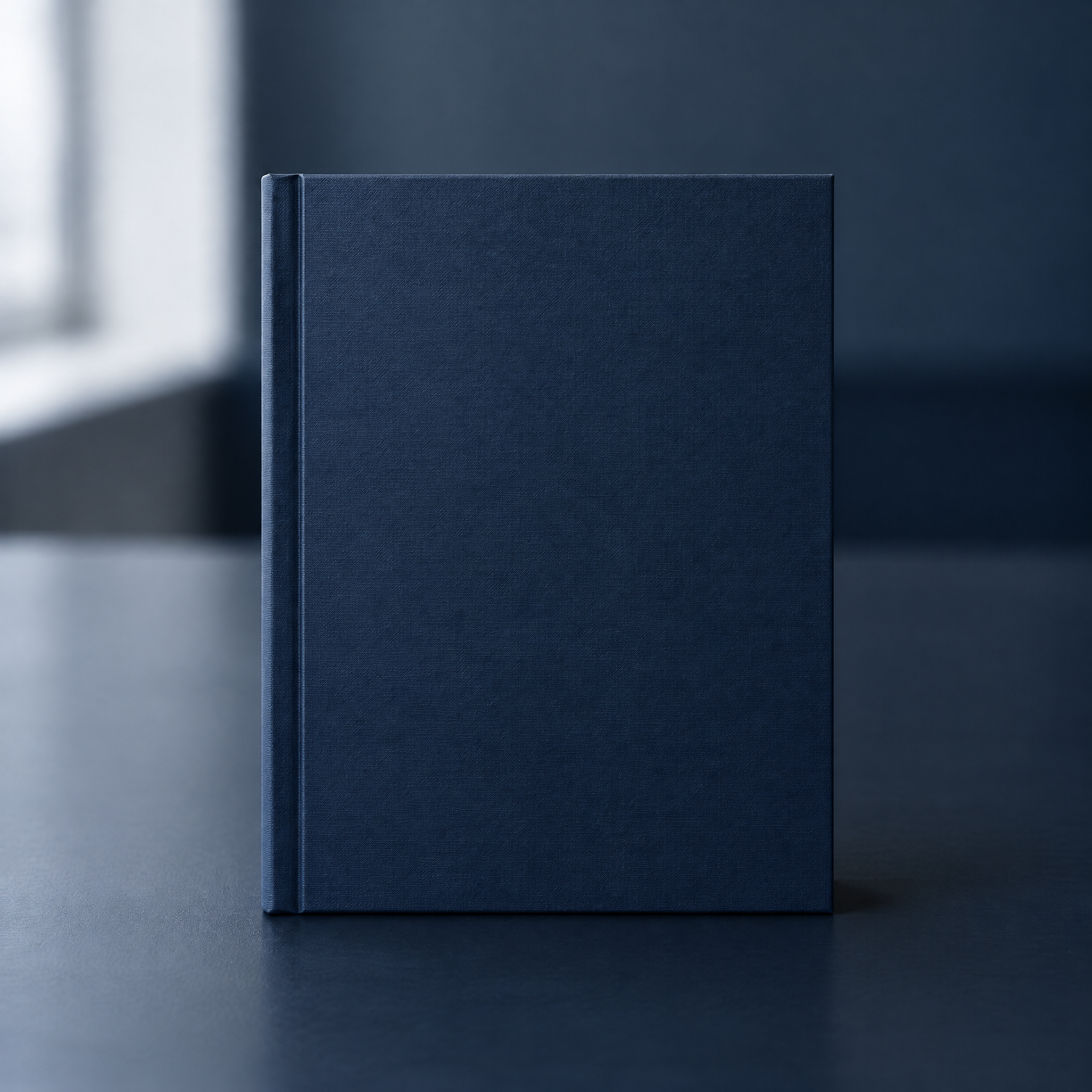 Dossier azul marino cerrado sobre un escritorio de oficina, con luz de ventana al fondo