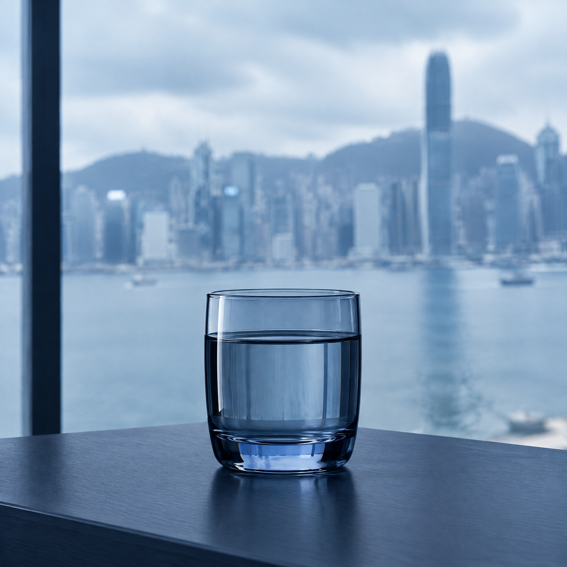 Vaso de agua en el borde de un escritorio con el skyline de Hong Kong desenfocado al fondo