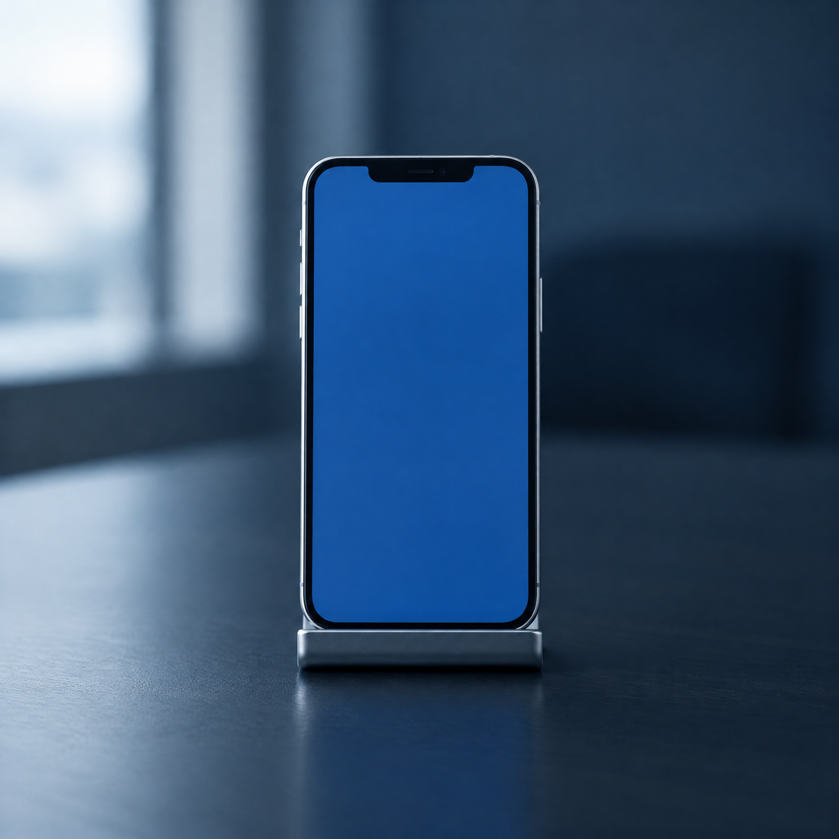 Teléfono móvil de pie sobre un escritorio de oficina, con la pantalla en azul